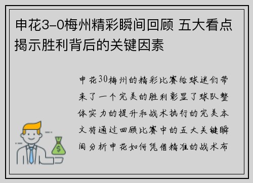 申花3-0梅州精彩瞬间回顾 五大看点揭示胜利背后的关键因素